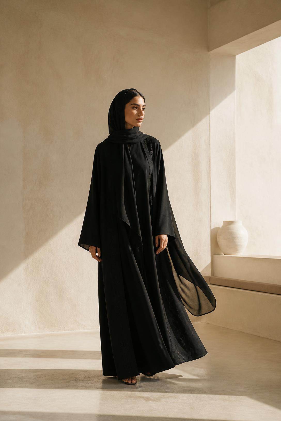 Femme portant une abaya noire Qamarayn dans un intérieur lumineux à Riyad